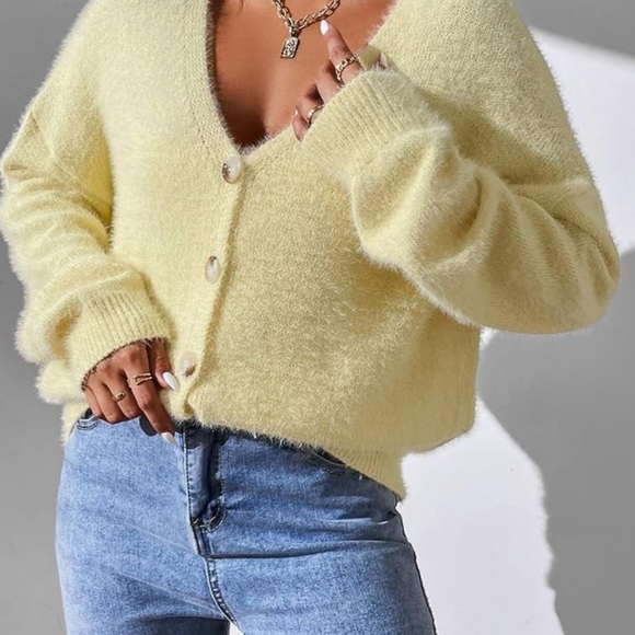 Long Sleeve Cardigan Drop Shoulder Fuzzy Knit Cardigan V-Neck Sweater - Picture 5 of 5